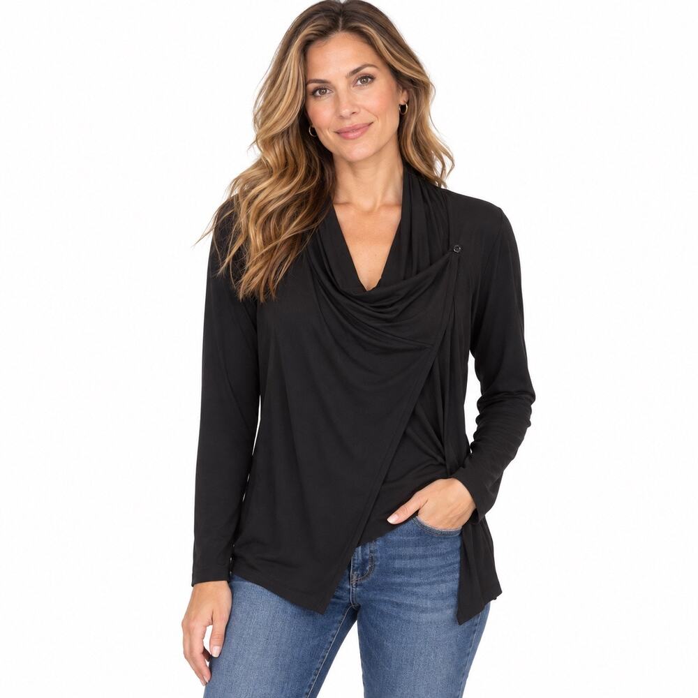 Eddie Bauer Wrap top in black draped neckline women S